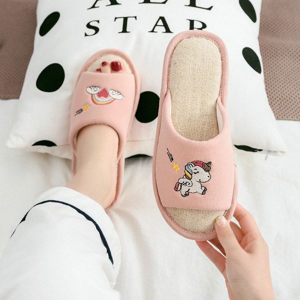 

women flax slippers home breathable indoor cute unicorn embroidery non slip slides casual female ladies shoes men couple house i2ik#, Black