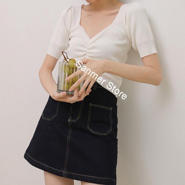 

women's sweaters women solid color knitted short sleeve sweater puff slim square collar retro spring summer knitwear pull, White;black