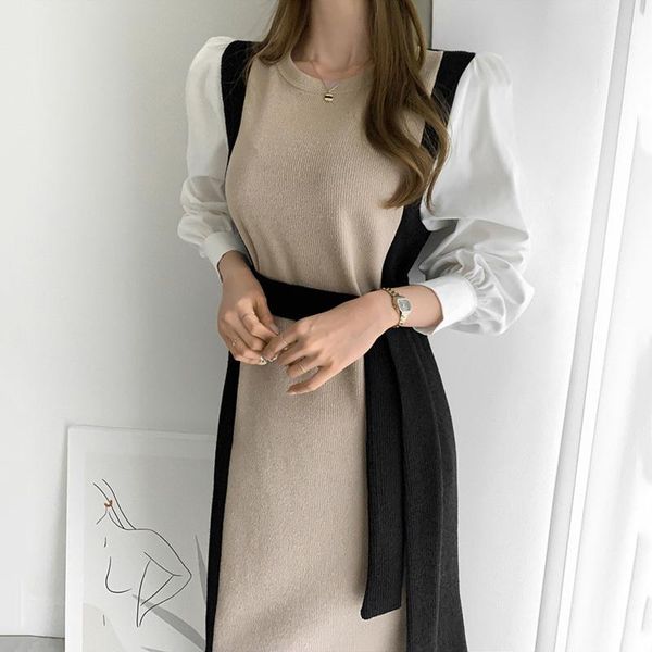 

casual dresses chic autumn hit color o neck fake two piece bandage knitted dress women long puff sleeve retro robe femme vestidos, Black;gray
