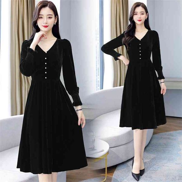 

women black v-neck dress 3xl plus size spring autumn vintage gold velvet warm vestido party bodycon hepburn midi 210528, Black;gray