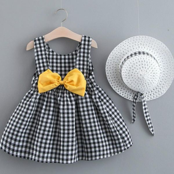

girl's dresses 2021 baby girl dress plaid bow summer princess party infant toddler clothes born dress+hat 2pcs kids clothing set, Red;yellow
