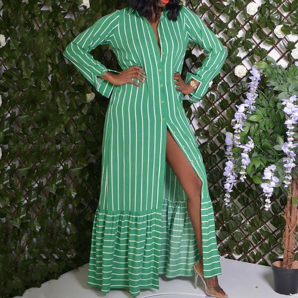 

casual dresses green women long shirt dress summer african striped split maxi 2021 beach cover up a line vestiods, Black;gray
