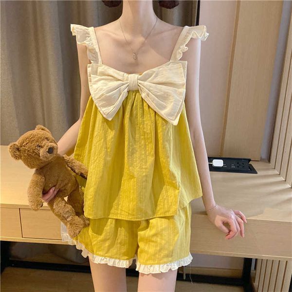 

women's sleepwear korean kawaii pajamas women summer front big bowknot frilly strap and shorts sets teen girls pyama set sleep, Black;red