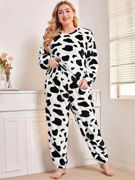 

plus cow pattern flannel pj set k5ux#, Black;white