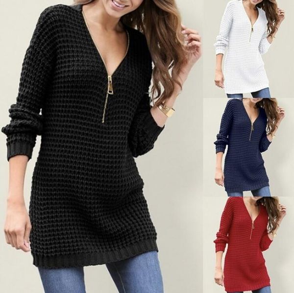 

zippe knitting long sweater winter autumn women solid color sweater long sleeve v-neck knitted pullovers jumpers black1, White;black