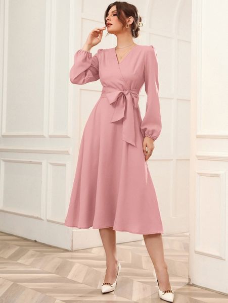 

surplice neck bishop sleeve belted dress t9kz#, Black;gray