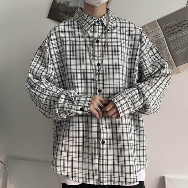 

men's casual shirts plaid korean vintage men shirt loose long sleeve button collar kemeja pria high street autumn clothes mm60ncs, White;black