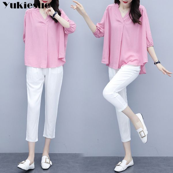 

summer 2 two piece set women clothes ensemble femme sets womens outfits for women chiffon blouse pencil pants women matching 210519, White