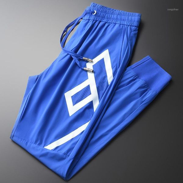 

men's pants classic blue mens summer silky ankle-length male luxury hollow out ventilate slim fit man trousers 4xl, Black