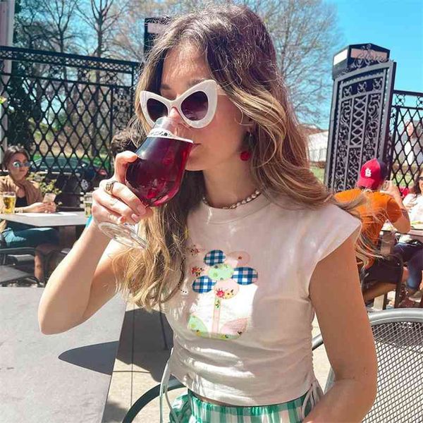 

floral printed side drawstring kawaii y2k crop summer short sleeve casual women's t-shirt for girls chic white tee shirt 210518