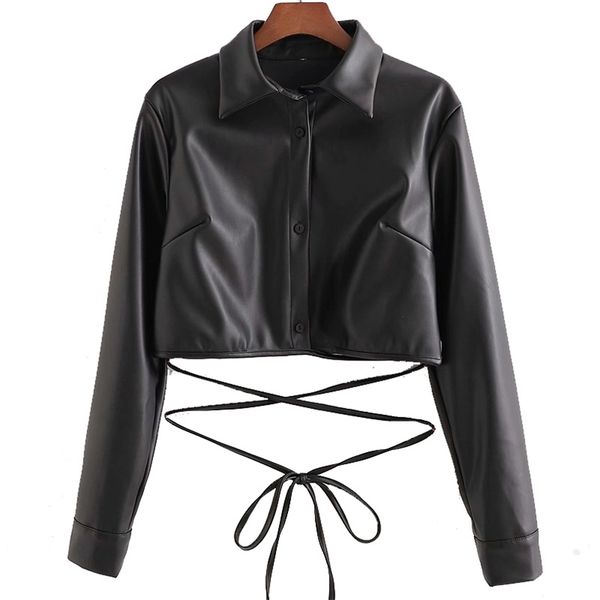 

women fashion retro frenulum pu artificial leather clothing female locomotive lapel single breasted jacket 210531, Black
