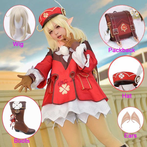 Anime Game Genshin Impact Klee Costume Cosplay Zaino Parrucca Scarpe Outfit Lolita Dress Women Halloween Party Costume Y0903