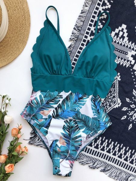

tropical scalloped trim one piece swimsuit t9vh#, White;black