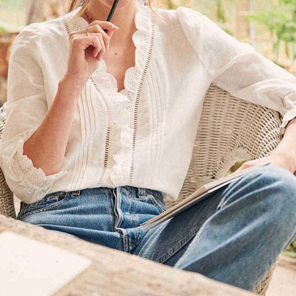 

women's blouses & shirts blouses celia shirred blouse women long sleeve ruffles v neck chic elegant summer autumn embroidery vintage t, White
