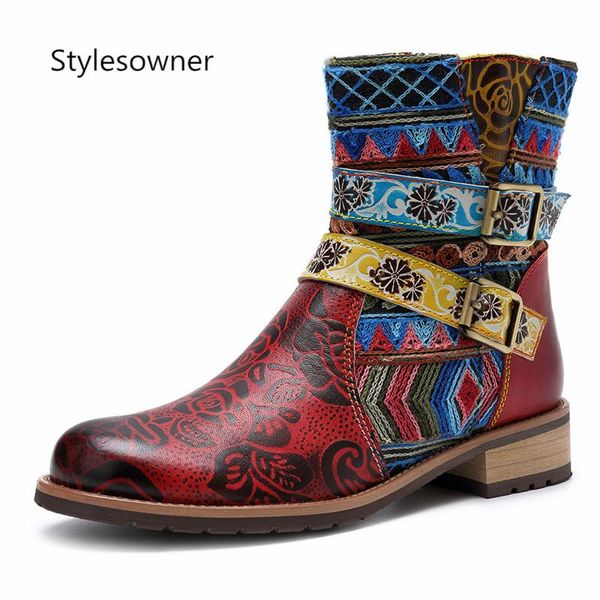 

boots stylesowner bohemian style ethnic retro momen round toe low heels side zipper genuine leather casual female vintage, Black