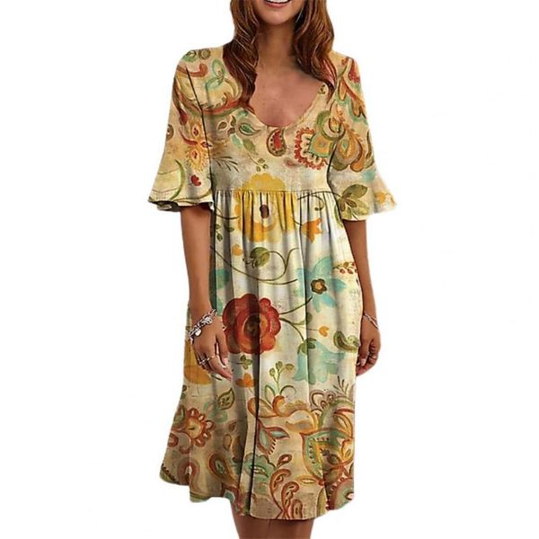 

women's swimwear spring summer half sleeved v neck printed loose dress floral print short sleeve knee-length for beach, White;black