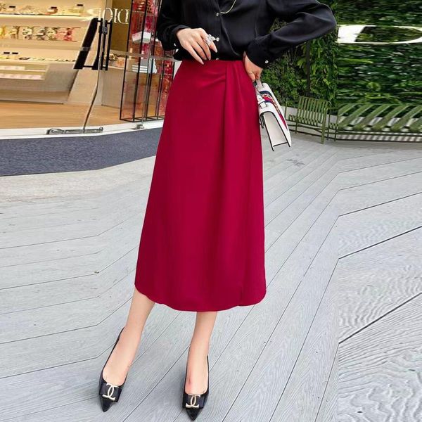

skirts xiaowang women's skirt spring / summer 2021 fashion front split solid acetate mid length, Black