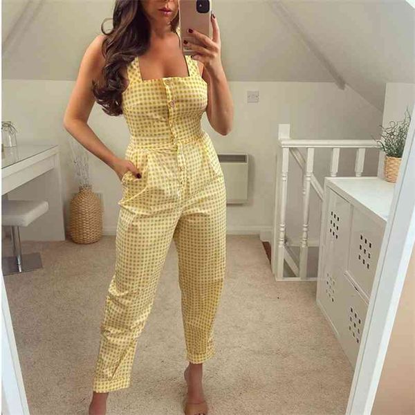 

plaid yellow sumer sleeveless jumpsuits overalls backless button up casual female one piece jumpsuit 210427, Black;white