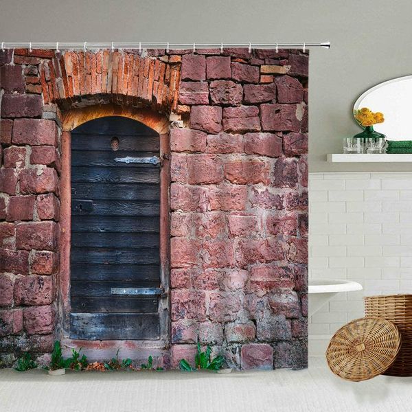 Tende da doccia Muro di mattoni vintage Tenda per porta in legno vecchio Paese Fattoria Fienile Casa Bagno Decorazione vasca da bagno Tessuto impermeabile