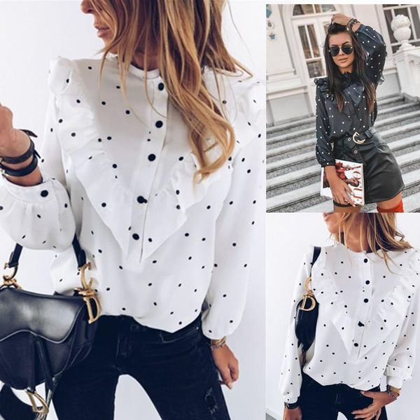 

women's blouses & shirts autumn spring women polka-dot buttons ladies for woman ruffled long-sleeved korean fashion clothing streetwear, White