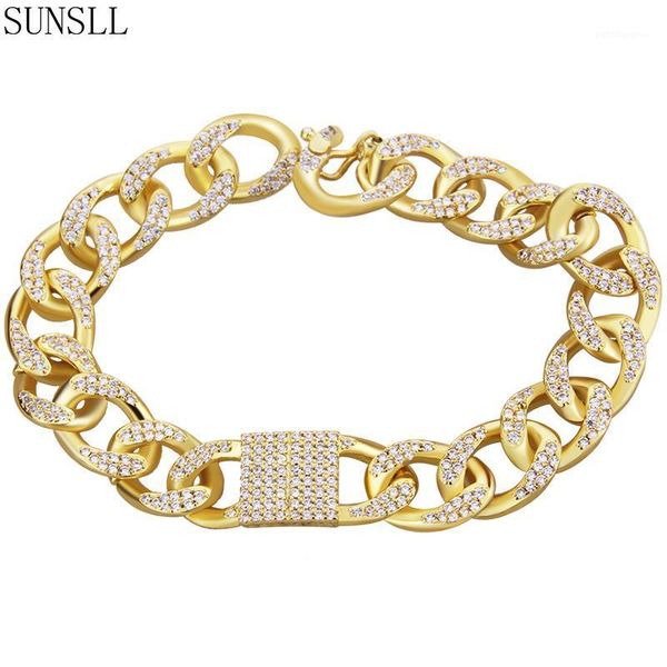 

sunsllhip hop full rhinestone luxury 19cm gold miami cuban link for women bling bracelet jewelry gift chain, Black