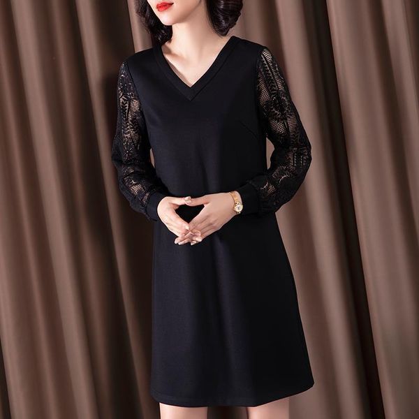 

autumn winter v neck lace long sleeve splicing women's dress new casual loose midi dress female chic black straight dresses 210412, Black;gray