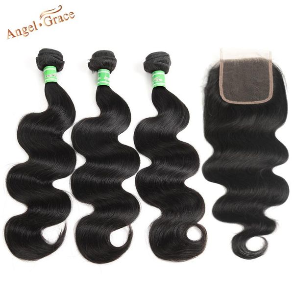 

human hair bulks brazilian body wave bundles with closure 3 remy angel grace, Black
