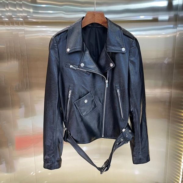 

women's leather & faux women coat spring 2021 brand short length import real sheepskin jacket animal motifs locomotive model clothes wi, Black