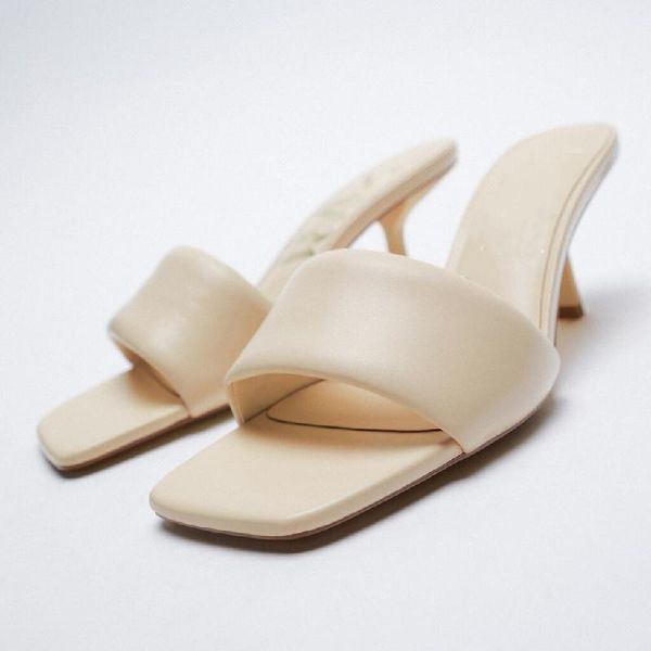 

slippers women's high heel 2021 summer elegant light beige square head quilted thin, Black