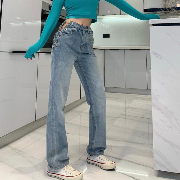 

women's jeans spring fashion chain female high waist straight pants femme street women denim mujer, Blue