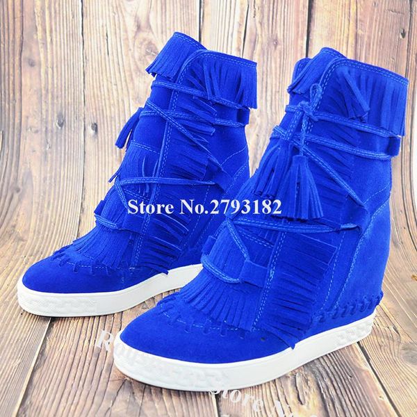 

boots brand design women round toe suede leather tassels inside wedge short blue red fringes lace-up height increaesed wedges, Black