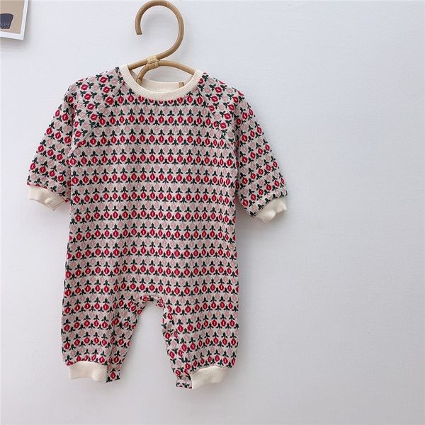 Bahar Yenidoğan Bebek Giysileri Bebek Kız Örme Tulum Çiçek Elmas Kafes Desen Bebek Çocuk Boys Tulum 0-24 M 210413