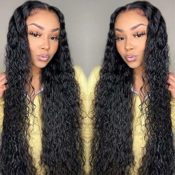 

lace wigs transparent frontal wig water wave front curly human hair t part wet and wavy, Black;brown