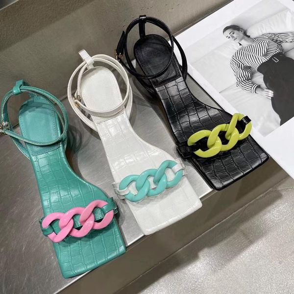 

fashion brand chain women sandals thin low heew square toe nkle strap gladiator shoes summer outdoor narrow band sandalias dress, Black