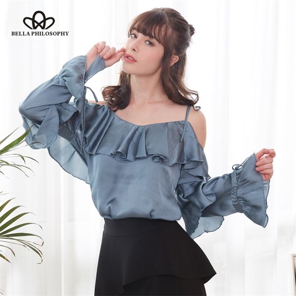 

spring women full butterfly sleeve shirt sling ladies fashion blouse slash neck female solid blusas 210519, White