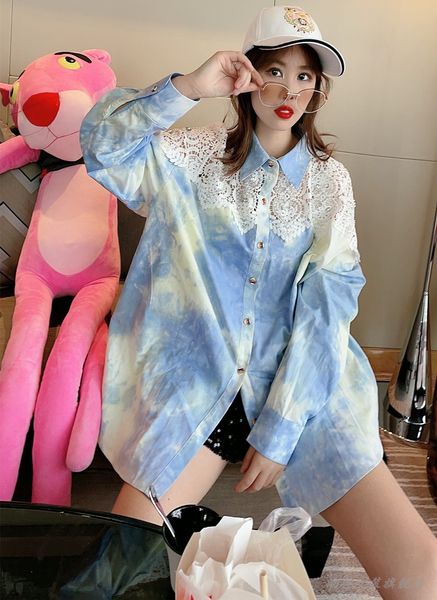 

spring new fashion streetwear blouse colorful tie dye lapel hollow lace stitching oversized long sleeves shirt for women, White