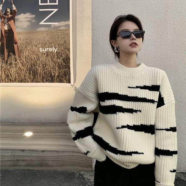 

women's sweaters long sleeve pull femme knitted woman casual knit sweater women pullover o neck korean fashion zebra, White;black