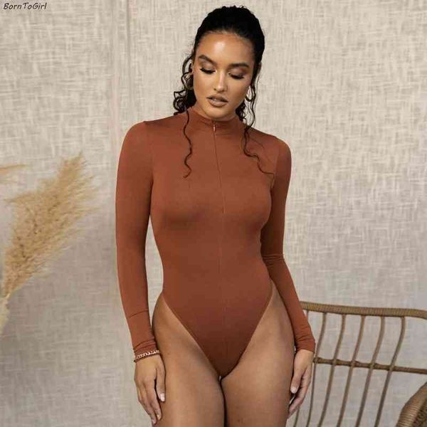 

borntogirl autumn skinny bodysuits women long sleeve high neck black white gray brown green body suit 210401