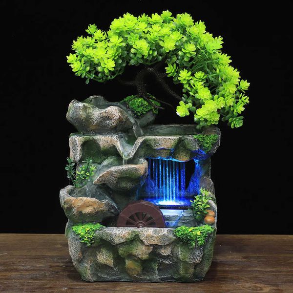 Innen-Desktop-Feng-Shui-Steingarten-Brunnen-Dekor, Wohnzimmer, fließendes Wasser, Wasserfall-Ornament mit 7-Farben-LED-Lichtwechsel 210804