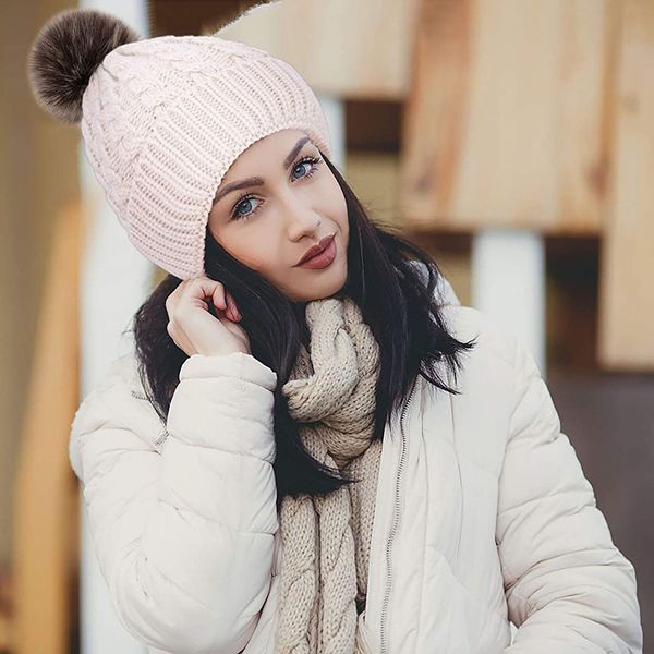

autumn winter women's hat faux fur pompoms beanie caps outdoor warm knit hats hand stripe bonnet gorros mujer invierno, Blue;gray