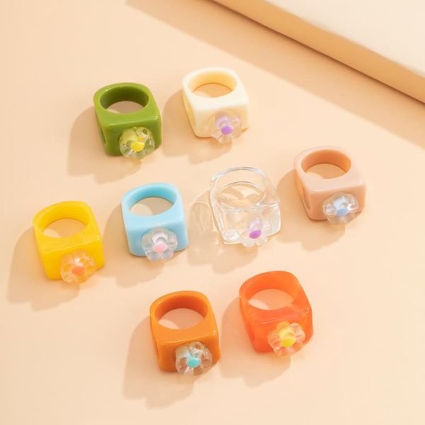 

wedding rings ins aesthetic colorful flower transparent resin acrylic crystal korean geometric irregular square for women trendy jewelry, Slivery;golden