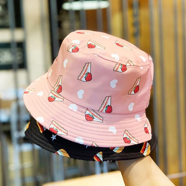 

wide brim hats cute strawberry cake print bucket hat outdoor travel caps hamburger pattern sun cap for women teen girls accessories 2021, Blue;gray