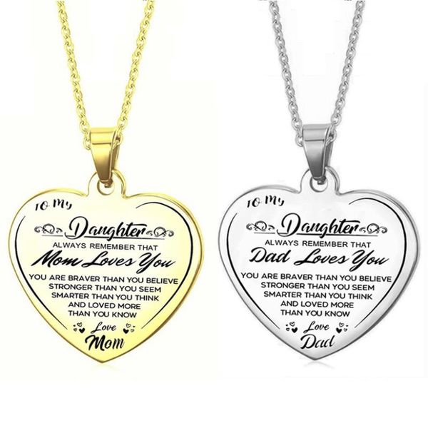 

chains to my daughter from mom dad stainless steel heart pendant necklace i love you family jewelry gift, Silver