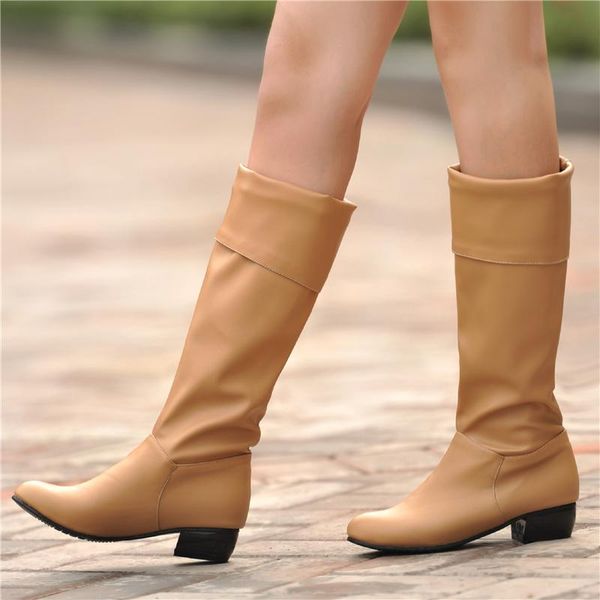 

boots classic pleated knee high women shoes low heels women's autumn winter brown white black large size 45