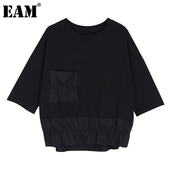 

[eam] women black blue big size pleated pocket casual t-shirt round neck short sleeve fashion spring summer 1dd6739 21512, White