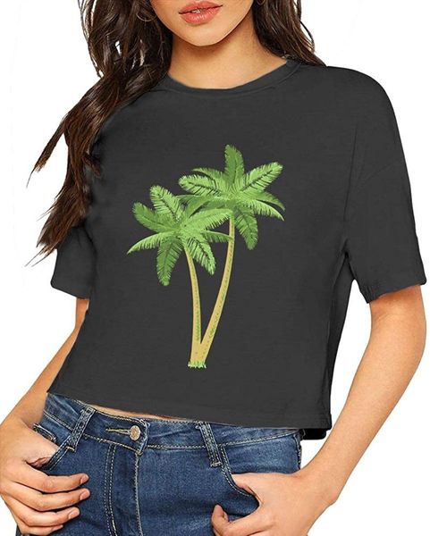 

women's t-shirt tropical palm trees girl's short sleeve navel exposed t shirt women 2021 black, White