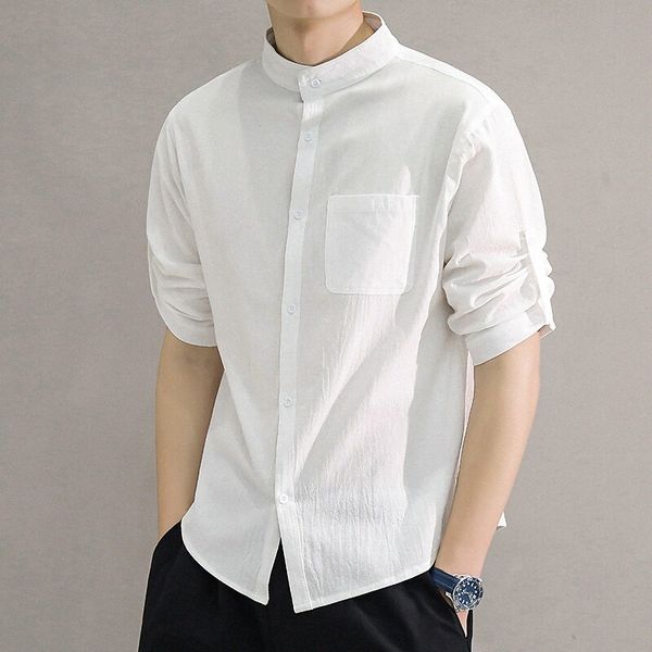 

men's shirt solid colored standing collar casual 3/4 length sleeve simple chinese style white black army green q4mi#