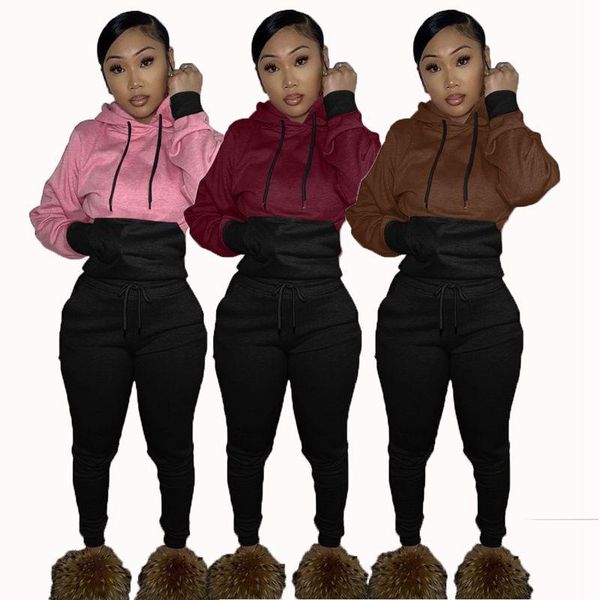 

women's two piece pants plus size fall winter stitching hooded sweater set women crop pants sets lounge sports streetwear wholesale, White