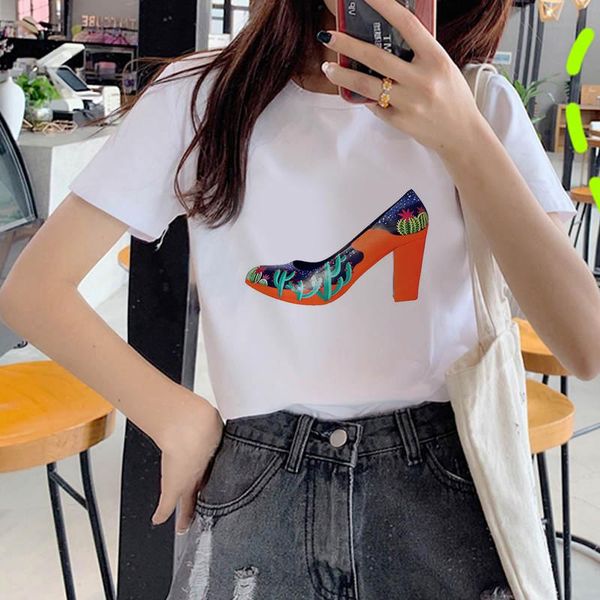 

women's t-shirt high-heeled shoes vogue graphic women soft casual white t shirts girls tees female