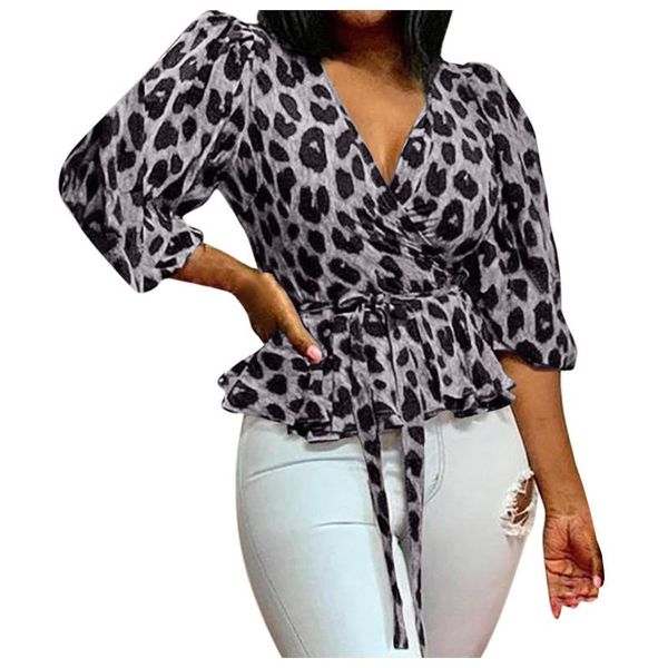 

women's blouses & shirts fashion womens and leopard print long sleeve summer autumn v neck loose casual sashes blusas, White